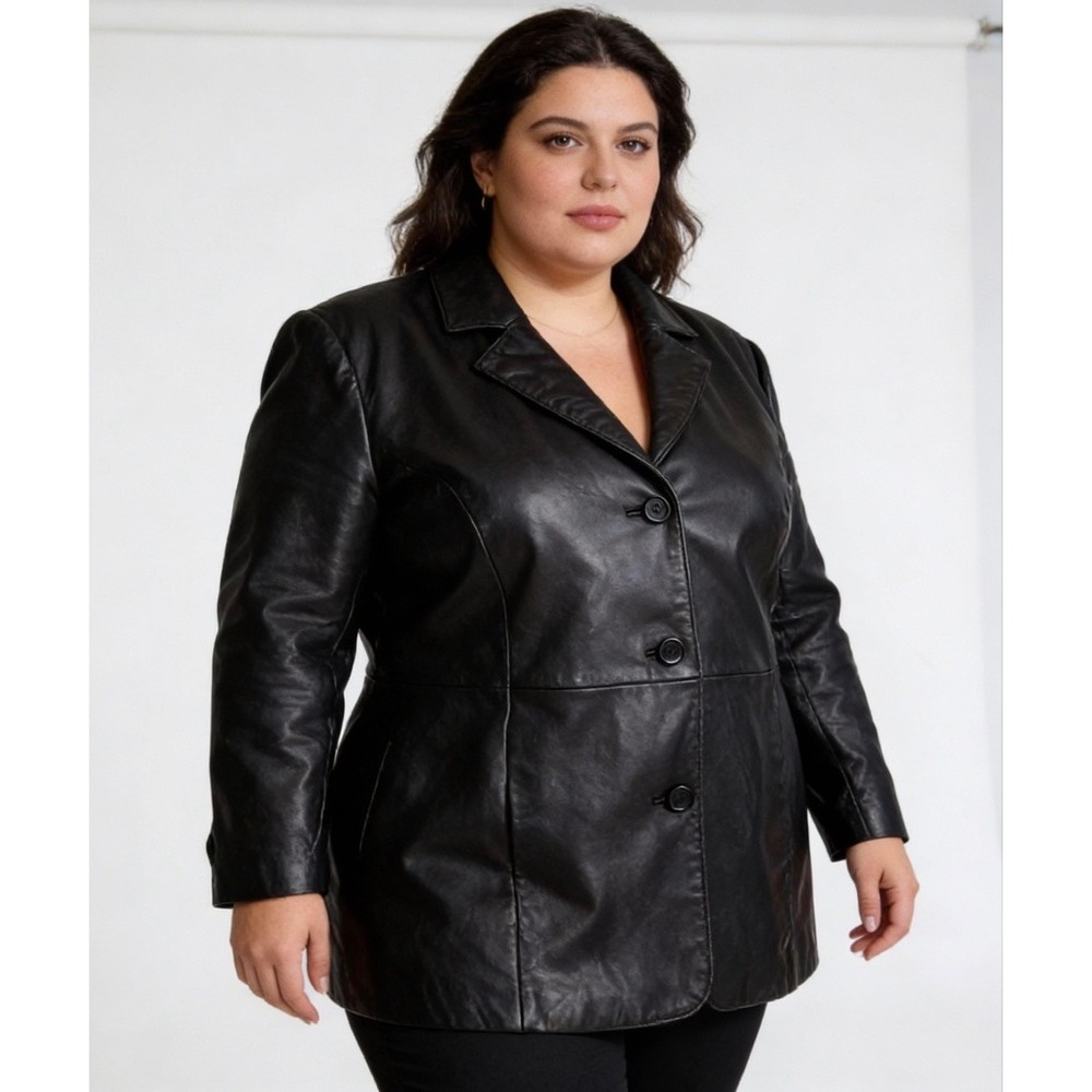 Charles Klein Woman Black Genuine Leather Blazer Jacket Button Front Size 20W‎